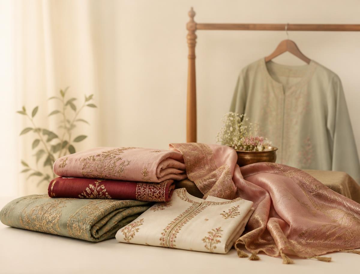 Elegantly arranged sarees and embroidered kurti fabrics in a boutique